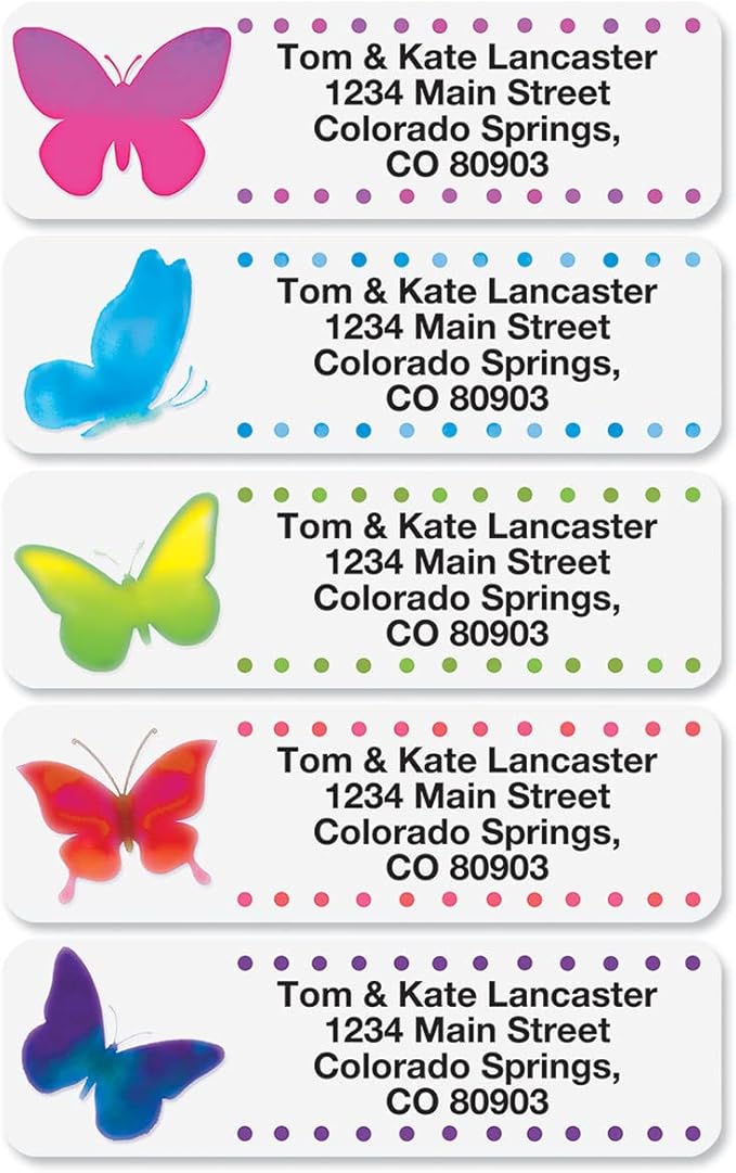 Watercolor Butterflies Rolled Personalized Return Address Mailing Labels with Dispenser, Set of 500, 5 Designs, Small ¾ x 2½ Inch Size, Custom Self-Adhesive Sticker Roll, by Colorful Images