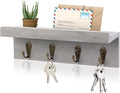 HRONRAD Rustic Key Holder for Wall, Farmhouse Wall Shelf with 4 Hooks, Wall Mounted Key Racks, Wooden Mail Organizer with Hooks for Entryway (Grey)