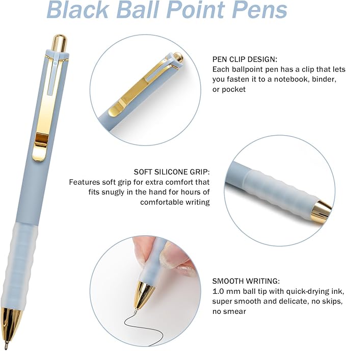 MiSiBao Black Ballpoint Pens 1.0mm Pens Retractable Ball Point Pens Smooth Writing (Metal pen clip, 12-pack)