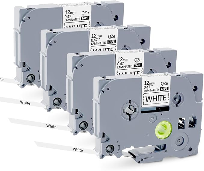 4Pack TZe-231 Tape Label Maker Compatible with Brother P-Touch TZe-231 Tape, TZE231 ½” 0.47”x 26.2 ft Laminated Black on White, for use with PT-D210, PT-H110, PT-D220, PT-D410, PT-D600