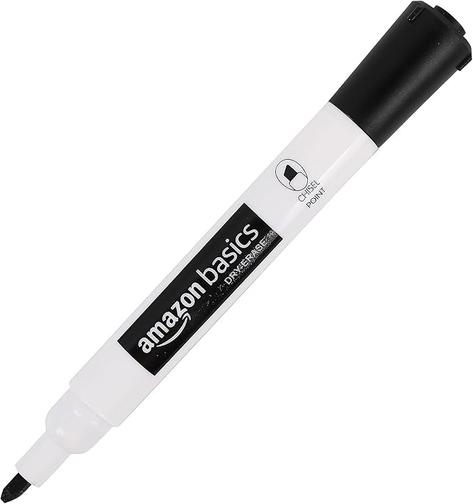 Amazon Basics 12-Pack Low-Odor Chisel Tip Dry Erase Whiteboard Markers, Black