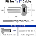 Steel DN Mate 50 Pack Stainless Steel Protector Sleeves for 1/8 Stainless Steel Cable Railing, T316 Marine Grade Cable Protector Sleeves for Deck Railing System, Come with a Drill Bit DE05