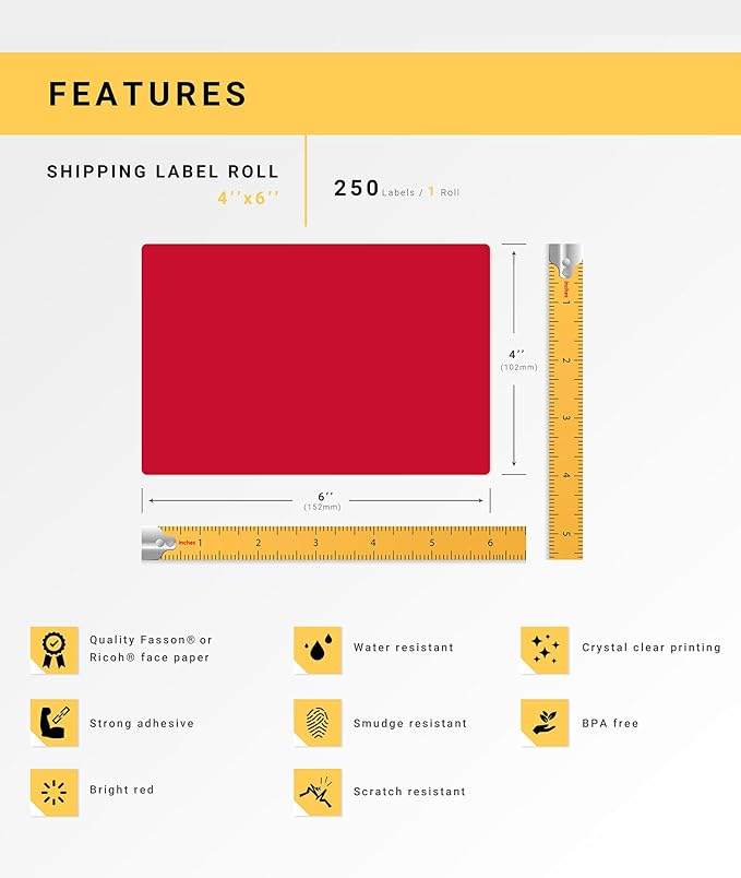 HOUSELABELS 4" x 6" Red Shipping Labels on 1" Core Compatible with Zebra and Rollo Printers, 4 Rolls / 250 Labels per Roll