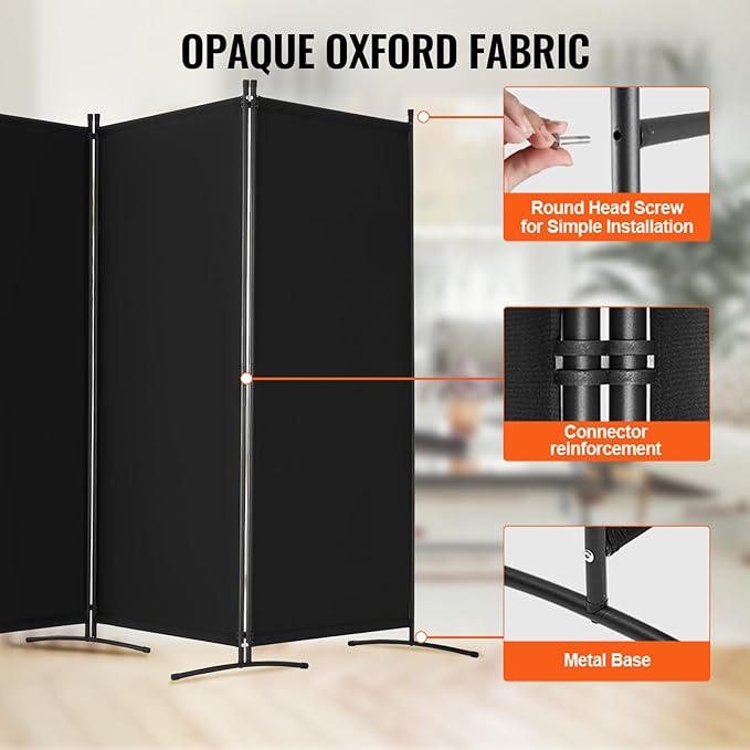 VEVOR Room Divider, 4 Panel Room Divider, Folding Privacy Screen and Portable Partition Divider for Room Separation, Freestanding Room Partitions for Office, Bedroom, Study, Black