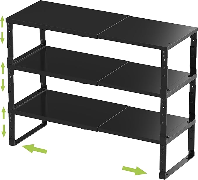 Jojocross Expandable Stackable Spice Rack Organizer for Kitchen Cabinet,Adjustable Counter Shelf, countertop, Pantry,Cupboard,Bathroom,Bedroom(3Packs/Black/Medium)