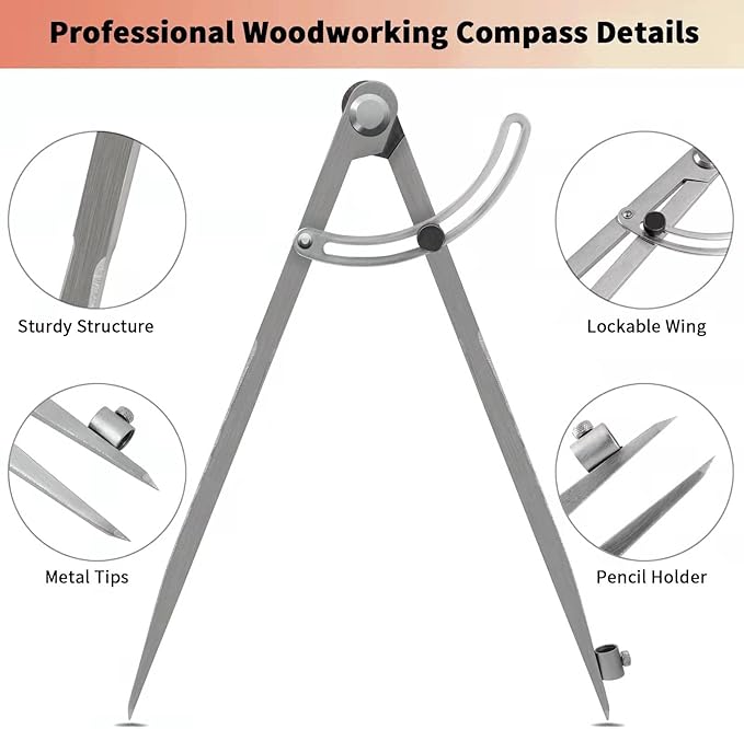40 inch Compass for Geometry, Compass for Woodworking, Precision Woodworking Compass with Wing Divider and Pencil Holder, Large Compass for Geometry, Woodworking Compass, Drafting, Drawing Compass