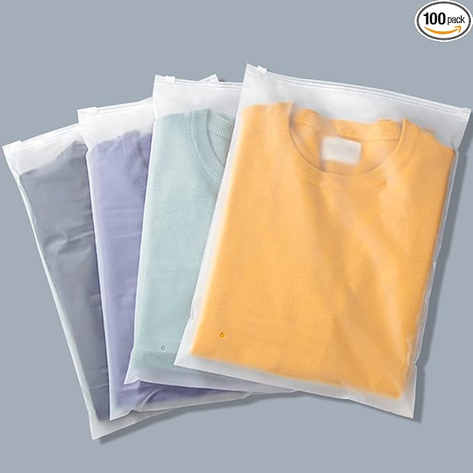Svaldo T Shirt Bags, 100PCS 9x12" Frosted Zipper Packaging Bags for Clothing, Resealable Poly Plastic Apparel Merchandise Zip Bags for Shipping Clothes Shirts Jeans Bathing Suit, with Vent Hole