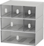 OSteed Desktop Drawers, Desk Organizer with 6 Drawers & Upright Handles, Stackable Craft Storage Box for Home Collection, Cosmetics, Office Supplies (3 Tiers, White & Clear)