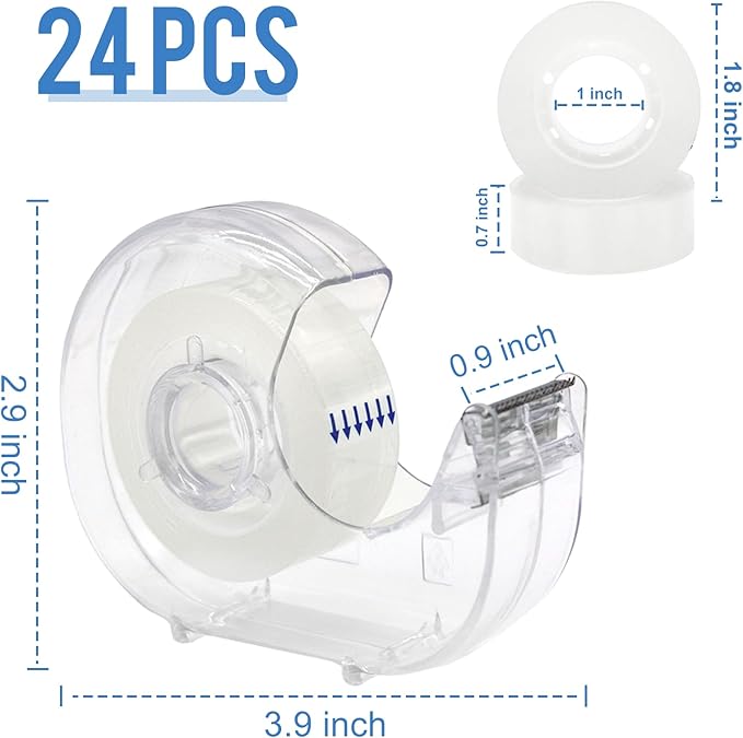 24 Pcs Transparent Tape with Dispenser, 0.7 in x 1000 in Clear Tapes and Refillable Dispensers, Office Tape Rolls with Dispenser Bulk for Craft Jobs, Gift Wrapping, Repairing, Home and School
