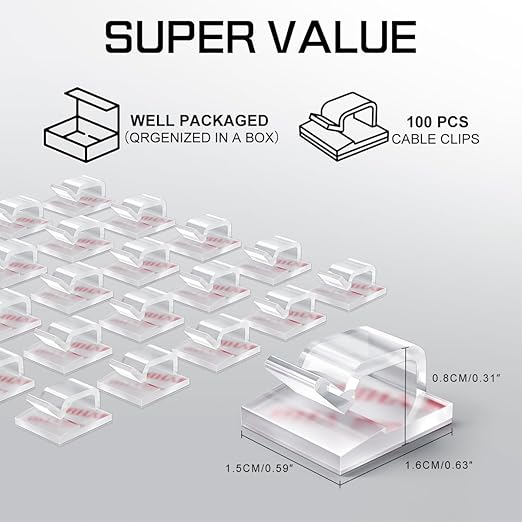 KGROTE 100PCS Cable Clips, Adhesive Wire Clips Strong Cord Clips Wire Holders, Cable Management Clips for Desk, Wall, Car, TV, Ethernet Cable (Clear, Small)