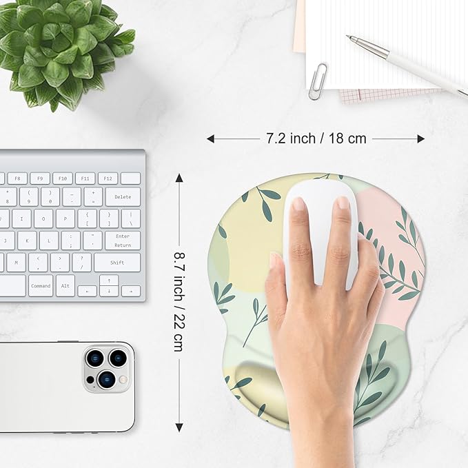 ITNRSIIET Ergonomic Mouse Pad with Comfort Gel Wrist Rest, Non-Slip PU Base, Smooth Textured Surface, Reduces Hand Fatigue & Wrist Pain, 8.7 x 7.2 Inch for Office Gaming Home, PastelFoliage