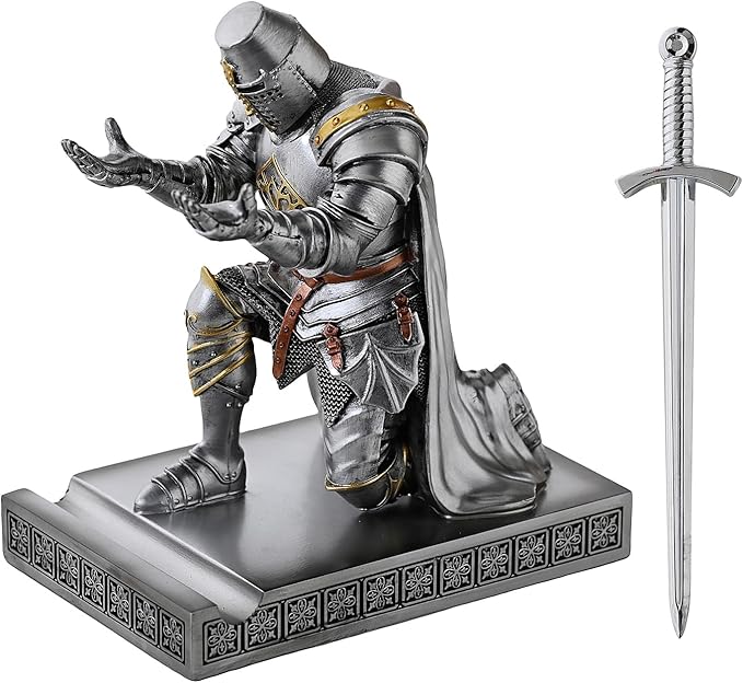 NCQIXIAO Medieval Templar Vanguard Officer Knight Pen Holder Pen Stand Desk Organizers and Accessories Resin Mobile Phone Stand as Gift for Office and Home Desk Organizer (Silver)