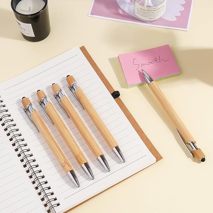 Bamboo Personalized Pens Bulk with Stylus - Custom Logo/Name, 12 Pack Ballpoint Pens - Student & Teacher Bulk Gifts, Corporate Giveaways, Back to School Supplies - Black Ink