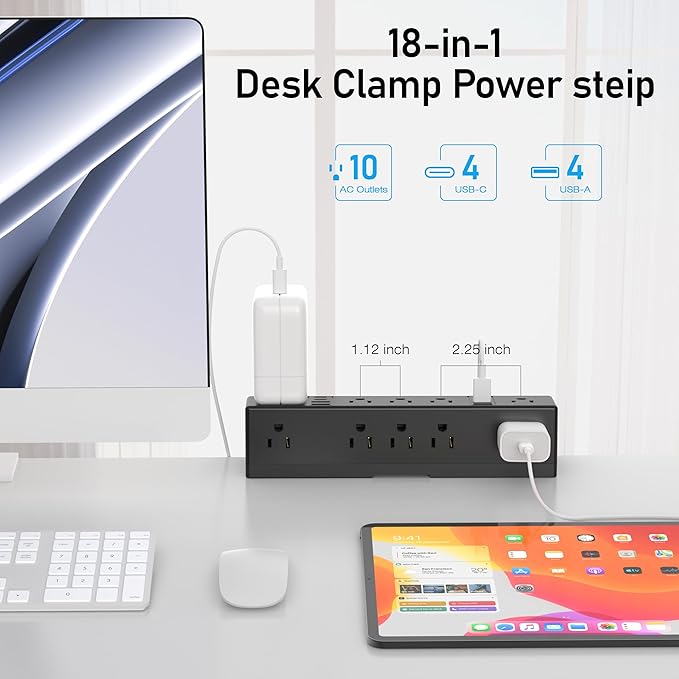 40W Fast Charging Station, VILONG Desk Clamp Power Strip, Desktop Mount Surge Protector, 8 USB Ports(4 USB-C), 10 AC Outlets and 6Ft Cord, for Home, Office, Fit 1.6" Tabletop Edge