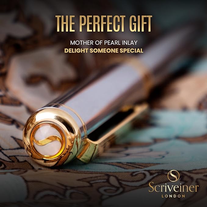 Scriveiner Silver Chrome Fountain Pen - Stunning Luxury Pen, Real Gold Finish, Schmidt Gilded Nib (Broad), Best Gift Set for Men & Women, Professional, Executive Office, Nice Designer Pens