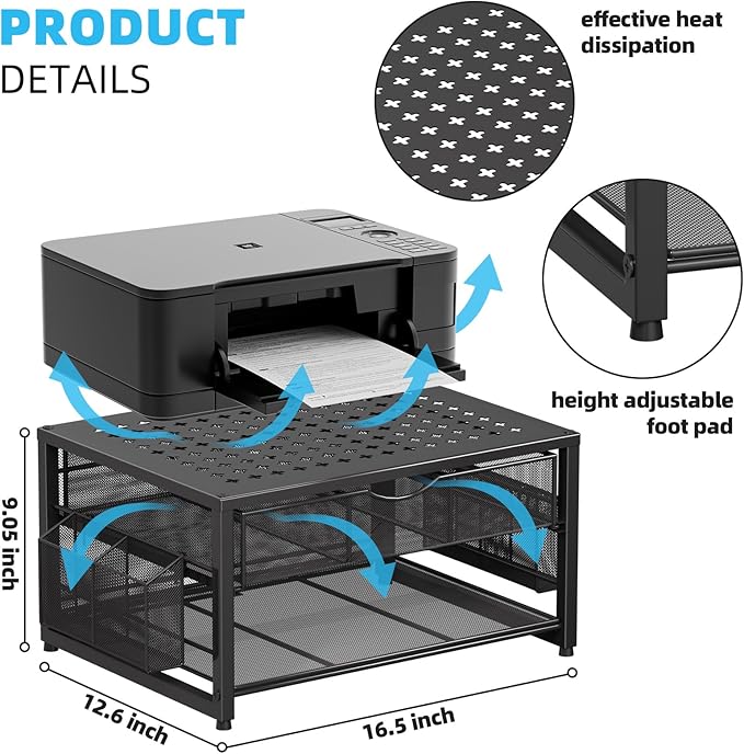Marbrasse Metal Printer Stand for Desk with Storage Drawer and 2 Pen Holders, 2-Tier Desktop Organizer Printer Table for Home Office, Multi-Purpose Desk Organizer for Fax Machine Scanner Files(Black)