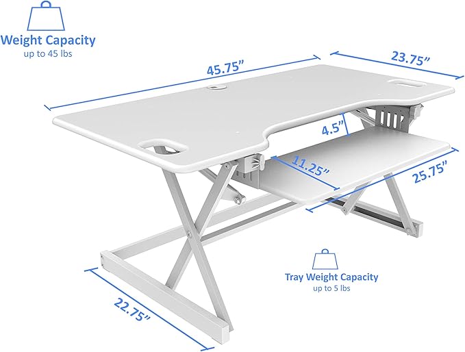 Rocelco 46" Large Height Adjustable Standing Desk Converter with Anti Fatigue Mat BUNDLE - Quick Sit Stand Up Triple Monitor Riser - Retractable Keyboard Tray - White (R DADRW-46-MAFM)