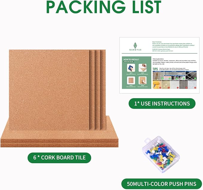 6 Pack Cork Bulletin Board 12 x 12 Inch - 1/2" Thick Cork Board Tiles,Self-Adhesive Frameless Cork Tiles Wall Decor with 50 PCS Pushpins for DIY, Office, School and Home Decor