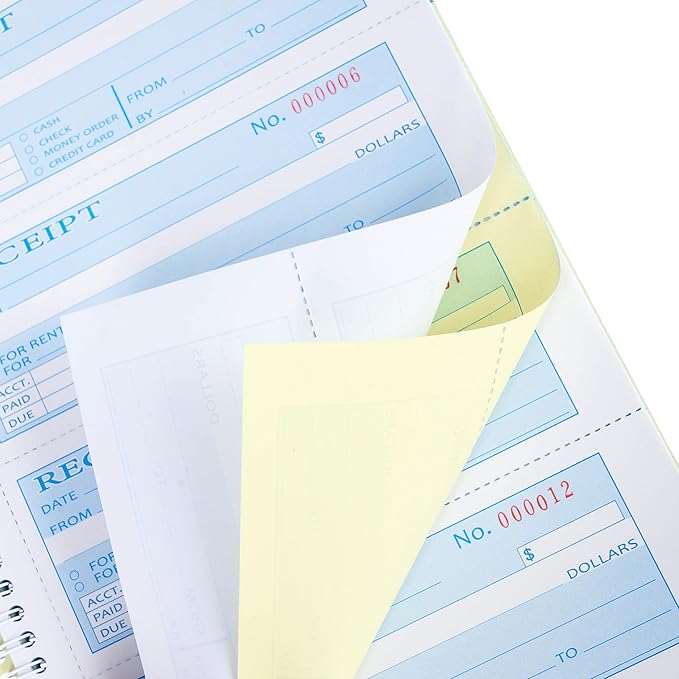 2 Packs Receipt Book with Carbon Copies,Money and Rent Receipt Book,2-Part Carbonless,5.31" x 11.22",Spiral Bound,Yellow and Blue Copy,200 Sets per Book