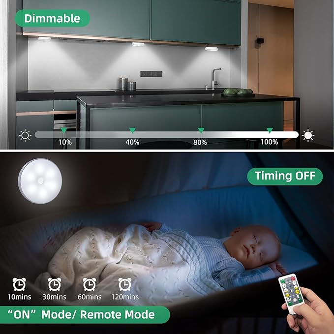 LED Closet Motion Sensor Step Lights, USB Rechargeable Battery Operated Puck Lights, Dimmable Under Cabinet Lighting for Counter,Kitchen,Stairs(3 Pack)