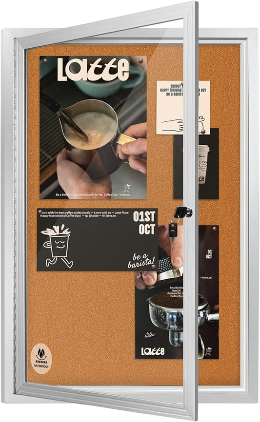 36x24 Inch Lockable Outdoor Enclosed Bulletin Board, Weatherproof Cork Noticeboard with Locking Door, Tamperproof Wall-Mounted Aluminum Frame Notice Poster Memo Board