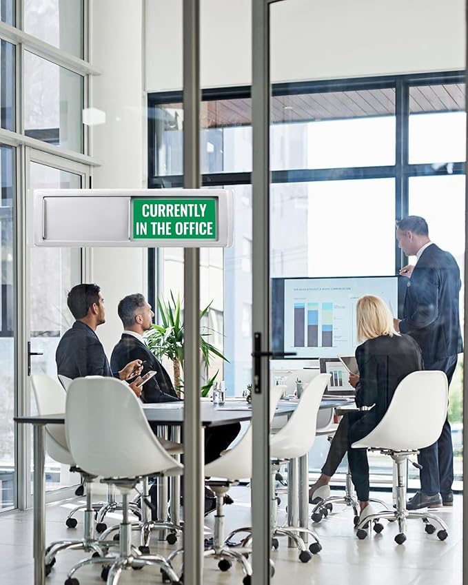 Currently In/Out of Office Magnetic Door Sign - 7"x2" Employee Status Slider, Non-Scratch Privacy Indicator for Office Cubicles, Home Offices, Conference Rooms - Silver