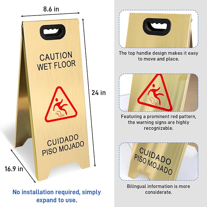 Kerty 2 Pack Stainless Steel Wet Floor Sign, 24 Inch Caution Wet Floor Sign Portable Foldable Bilingual Safety Warning for Hotel Market Restroom Restaurant Office (Gold)