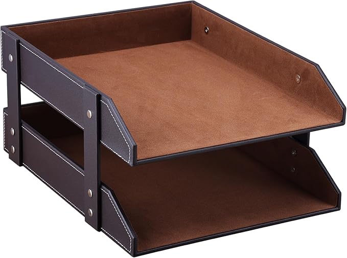KINGFOM Letter Tray, Leather Paper Organizer Tray, Wooden Desk File Holder, Desktop File, Stackable Magazine Holder, Mail Sorter, Great for Home or Office - 2 Level Brown