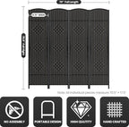 Cocosica 4 Panel Room Divider,6Ft Folding Privacy Screen,Tall - Extra Wide Foldable Panel Partition Wall Divider with Diamond Double-Weaved Hand-Woven Design Room Screen Divider（Black）