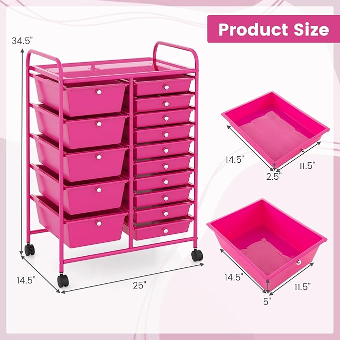 DORTALA 15-Drawer Rolling Storage Cart with Drawers, Rolling Utility Cart w/Removable Drawers & Universal Wheels, Tools Scrapbook Paper Organizer for School, Office, Home, Classroom (Hot Pink)
