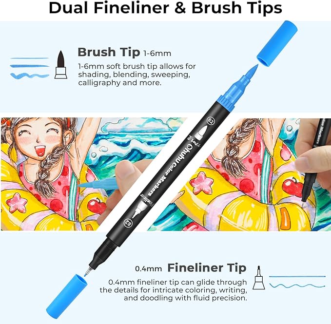 Ohuhu Markers for Adult Coloring Books: 100 Colors Brush Pens Dual Brush Fine Tip Drawing Pens Water-Based Coloring Markers for Calligraphy Bullet Journal with Carrying Case - Maui - Black