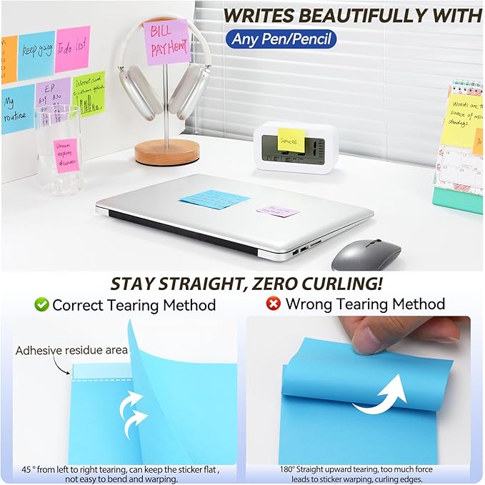 (12 Pack) Sticky Notes 3x3 + 1.5x2 in Small Sticky Note, Self-Sticky Note Pads | Sticks Strong & Removes Clean | Recycled Paper Cute Sticky Notes to School Supplies, Office Products, 6 Colors