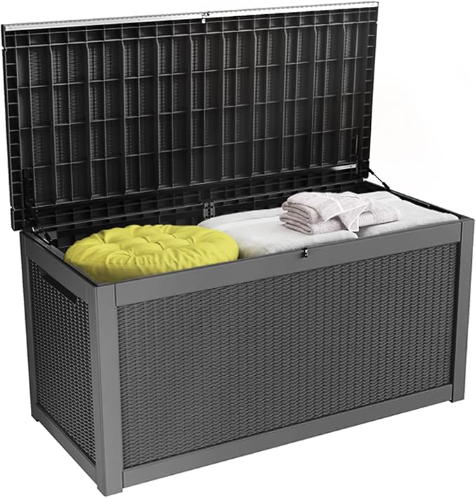 100 Gallon Resin Deck Box, Waterproof Outdoor Storage Bin for Patio Furniture, Pool Accessories, and Garden Tools, Lockable & UV-Resistant, Black