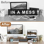 TEAMIX 3 Shelf Monitor Stand Riser With Drawer - Length and Angle Adjustable Dual Riser With Storage Corner Desk Shelf Organizer Large Computer Stand for 2 Monitors/Laptop (Brown, 1 Drawer)