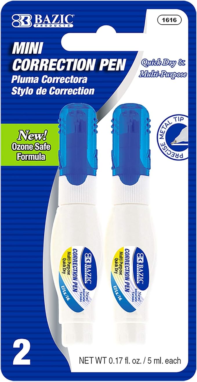 BAZIC Products Correction Pen – Corrections Fluid, Precise Metal Tip White Out, Ideal for School & Office Supplies, Alternative to Correction Solution, 2/Pack, 1-Pack