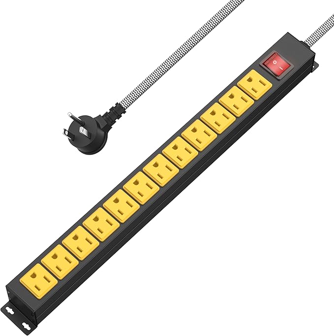 12 Outlet Heavy Duty Power Strip with 15A Circuit Breaker,Metal Wall Mount Power Strip for Garage Workshop Industrial 1200J 15A 125V 1875W 6ft Cord