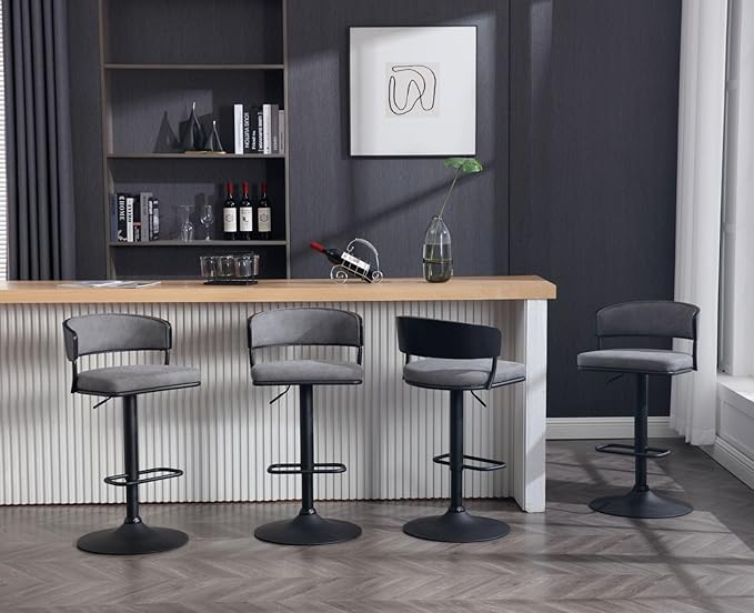 Adjustable Modern Bar Stools Set of 2 Faux Leather Barstools Swivel Counter Height Bar stools with Curved Back/Black Metal Base Comfy Upholstered Bar Chairs for Kitchen Island, Grey