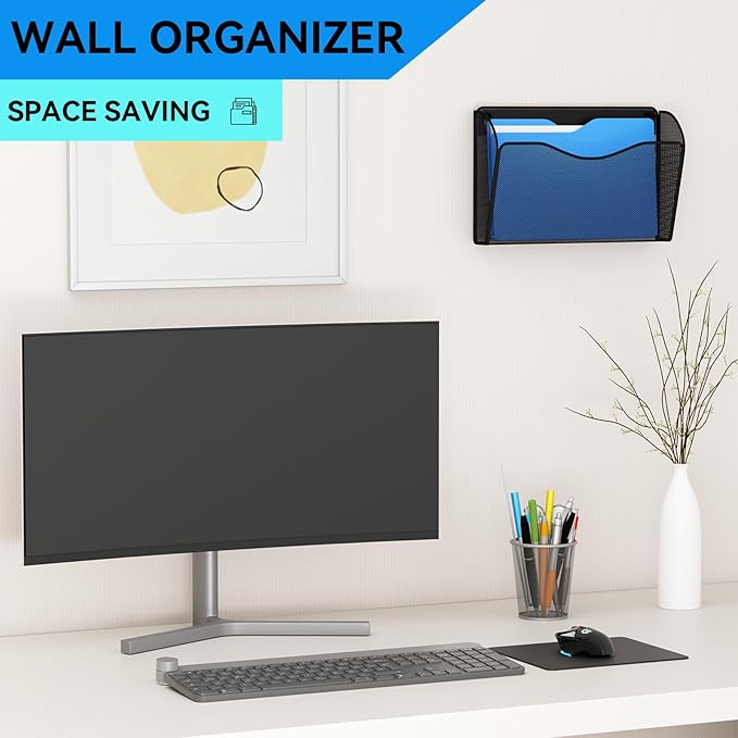 GDINDINFAN 6 Single Pocket Wall File Holder, Mesh Hanging File Folder Paper Organizer, Vertical Wall Mounted Mail Basket, Storage Organization Magazine Rack for Office, Home and School, Black