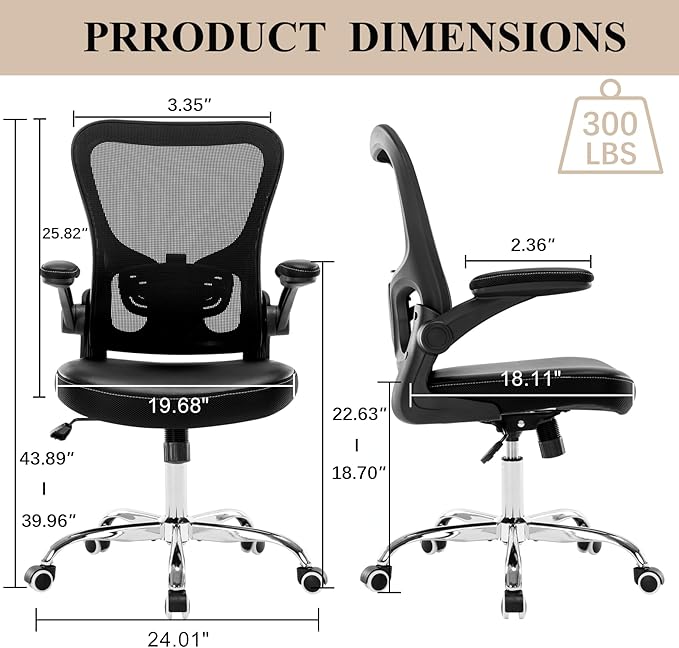 Office Chair, Mesh Ergonomic Desk Computer Chair with PU Leather Flip-up Armrest, Home Task Chair with Lumbar Support, Adjustable Executive Mid Back, Rolling Swivel,Black