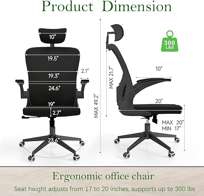 Ergonomic Office Chair, High-Back Mesh Computer Desk Chair with Adjustable Height, Lumbar Support, Flip-Up Armrests,headrest，and Swivel Rolling Design for Home and Office Use