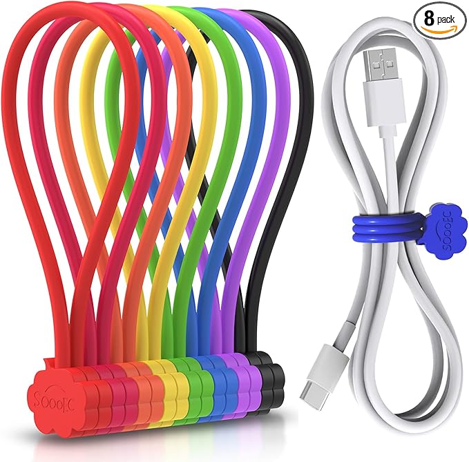SOOOEC Magnetic Cable Ties, 8 Pack 7.2" Magnetic Twist ties Cute Cloud Design, Silicone Zip Ties with Strong Magnet for Bundling and Organizing, Fridge Magnets, Assorted Colors.