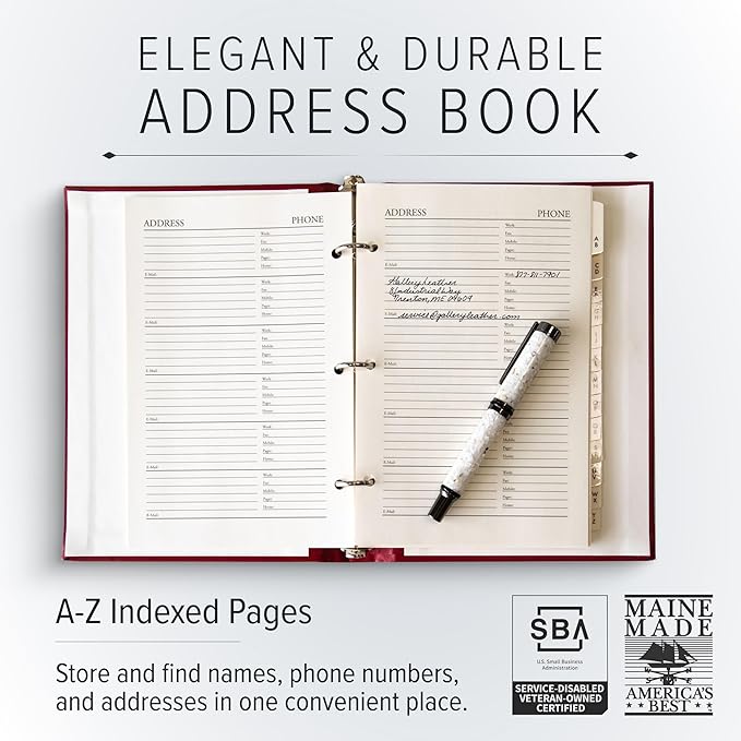 Gallery Leather Large Address Book with Alphabetical Tabs up to 480 Records, Leather Notebook Hardcover, Telephone and Address Books - 9x7", Desk Address, Camden Red
