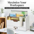 Flexzion 3 Tier Wooden Desk Organizer - Country Rustic Mail Organizer Countertop Compartments Slot File Tray Pencil Sorter Shelf Holder Accessories Set with Storage Drawer for Home Office, Beige Wood