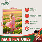 Uinkit 180gsm Glossy Photo Paper 11x14 Inches - 100 Sheets for Dye Ink | Quick Dry, No Smudging | Single-Sided Pro Finish, Thick 48lb No Curling