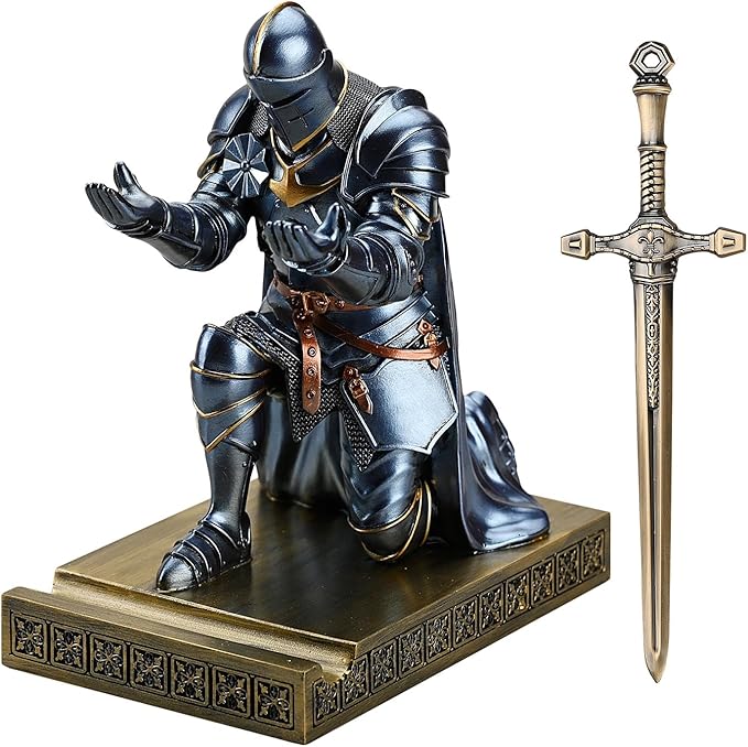 Amoysanli Medieval Armored Warrior Wearing Outerwear, Mobile Phone Stand Knight Pen Holder Desk Organizers, Resin Bookends Paperweight with a Letter Opener for Desk (Blue)