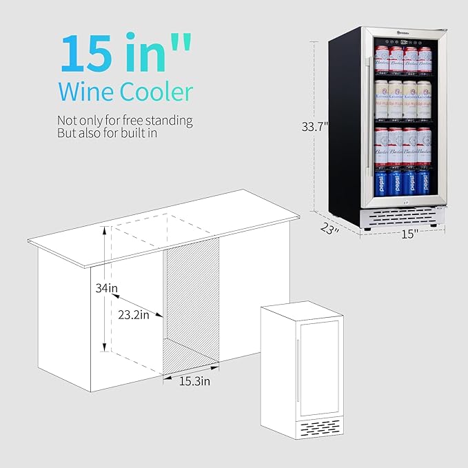 15 Inch Beverage Refrigerator Under Counter, 130 Cans Beverage Fridge with Tempered Glass Door & Lock, 37-65°F Beverage Cooler For Home/Bar, Built-in/Freestanding Mini Drink Cooler(3.53 cu.ft)