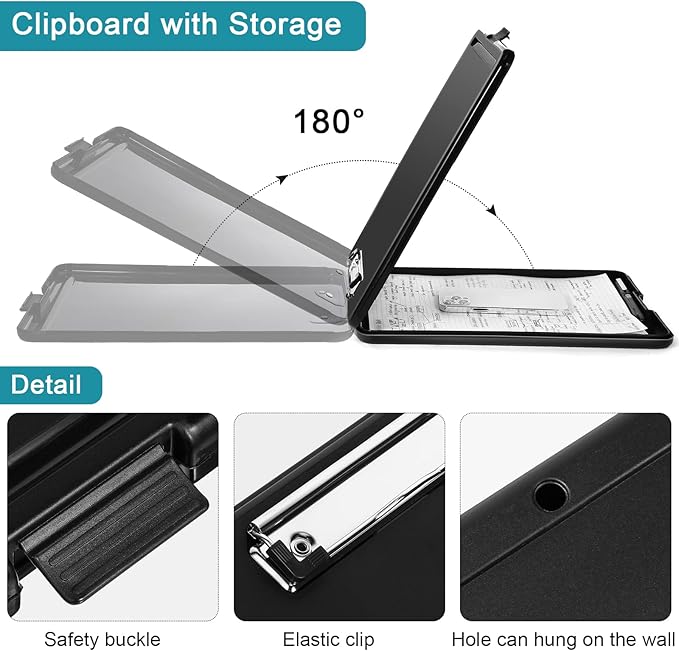 6 Pieces Clipboard with Storage, 9.5 x 13.5 Heavy Duty Plastic Storage Clipboard, Nursing Foldable Clip Board with Compartment and Metal Clip for Nurse Teacher Student Classroom Office (Black)