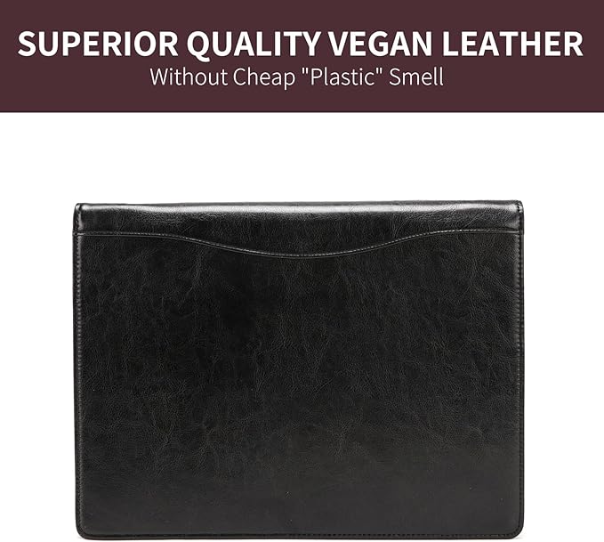 Geslun Personalized Vegan Leather 3 Ring Binder, Custom 8.5 x 11 Letter Size Folio with Pen Holder, Soft Notebook Portfolio Cover, Notepad Padfolio Organizer for Meeting, Black