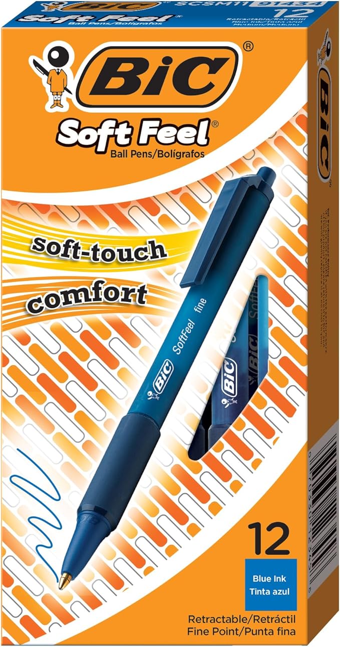 BIC Soft Feel Blue Retractable Ballpoint Pens, Medium Point (1.0mm), 12-Count Pack, Blue Pens With Soft-Touch Comfort Grip