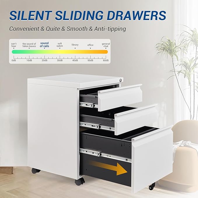 3 Drawer Mobile Metal File Cabinet, White Filling Cabinets with Lock, Pre-Built Office Storage File Cabinet with Wheels Under Desk - Assembled Required